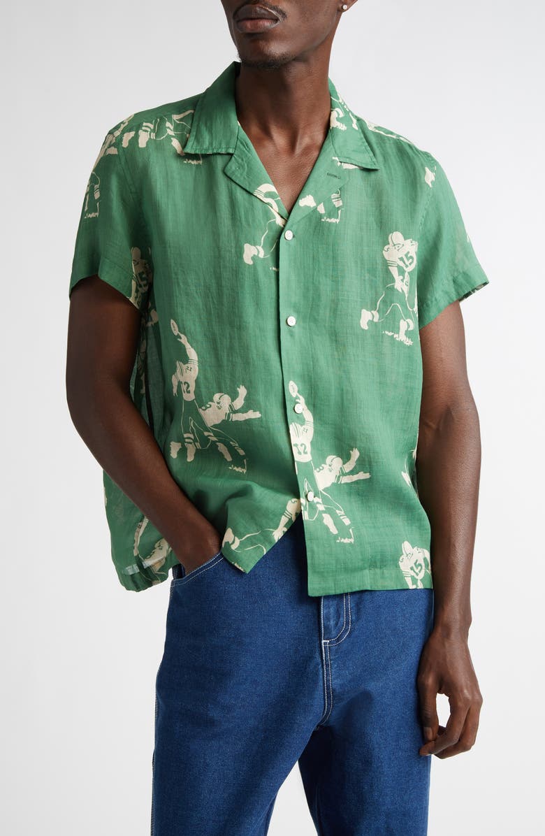 Bode Football Jacquard Linen Button-Up Shirt, Main, color, Green Cream