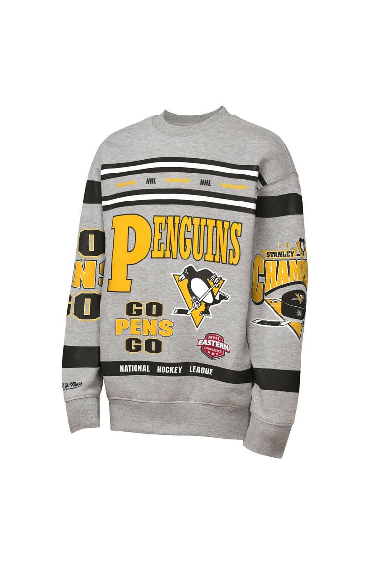 Youth Mitchell & Ness Heather Gray Pittsburgh Penguins Allover Print Fleece Crewneck Sweatshirt, Alternate, color, Heather Gray