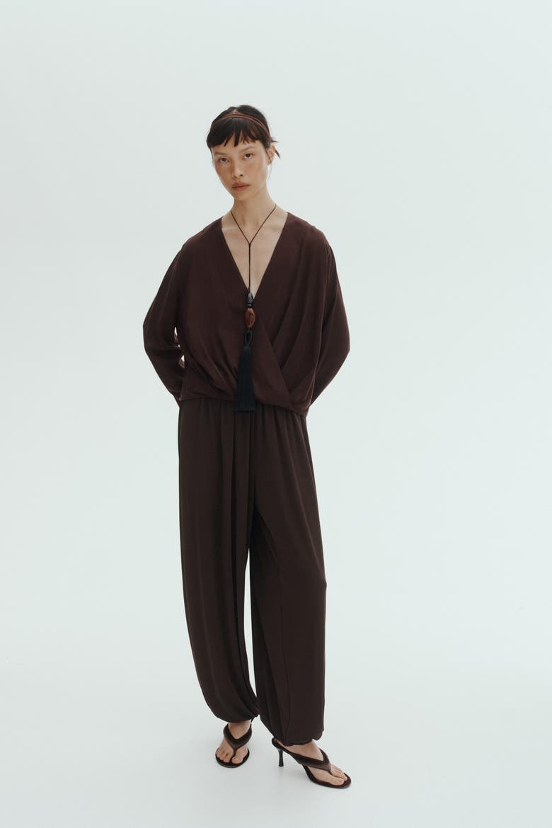 Linen-blend Wrap Blouse, Alternate, color, Dark brown
