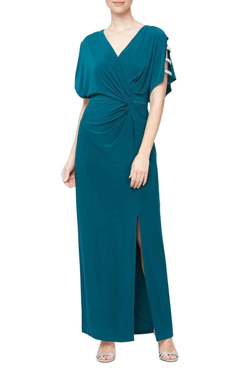 Alex Evenings Embellished Sleeve Knot Front Jersey Gown, Main, color, 