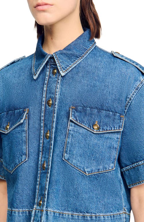 Sandro Cropped Denim Shirt In Blue