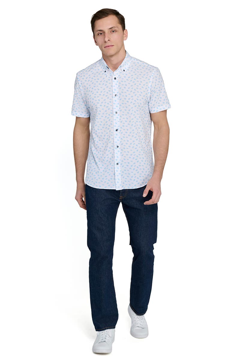 CONSTRUCT Slim Fit 4-Way Stretch Short Sleeve Button-Up Performance Shirt, Alternate, color, White/ Blue