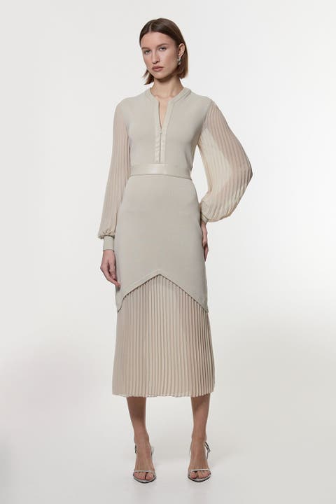 Pu Trim Woven Sleeved Pleated Dress