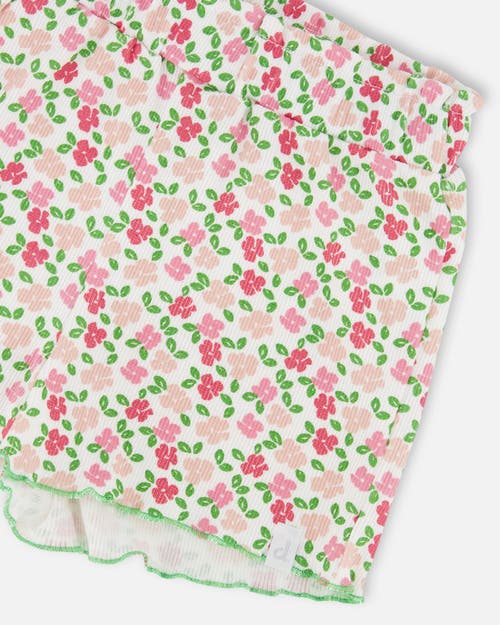 Deux Par Deux Girl's Printed Ribbed Short Small Flowers On White Background In Small Flowers On White