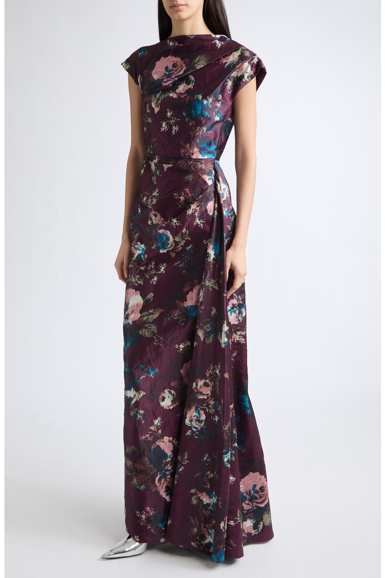 Floral Draped Textured Satin Gown, Alternate, color, FONTEYN ROSE BURGUNDY