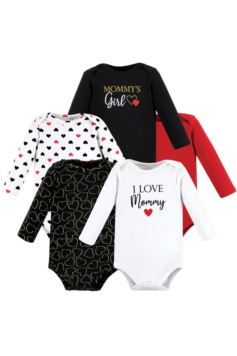 Essential Long-sleeve Cotton Bodysuit Set (5-piece), Main, color, Girl Mommy Red Black 5-Pack