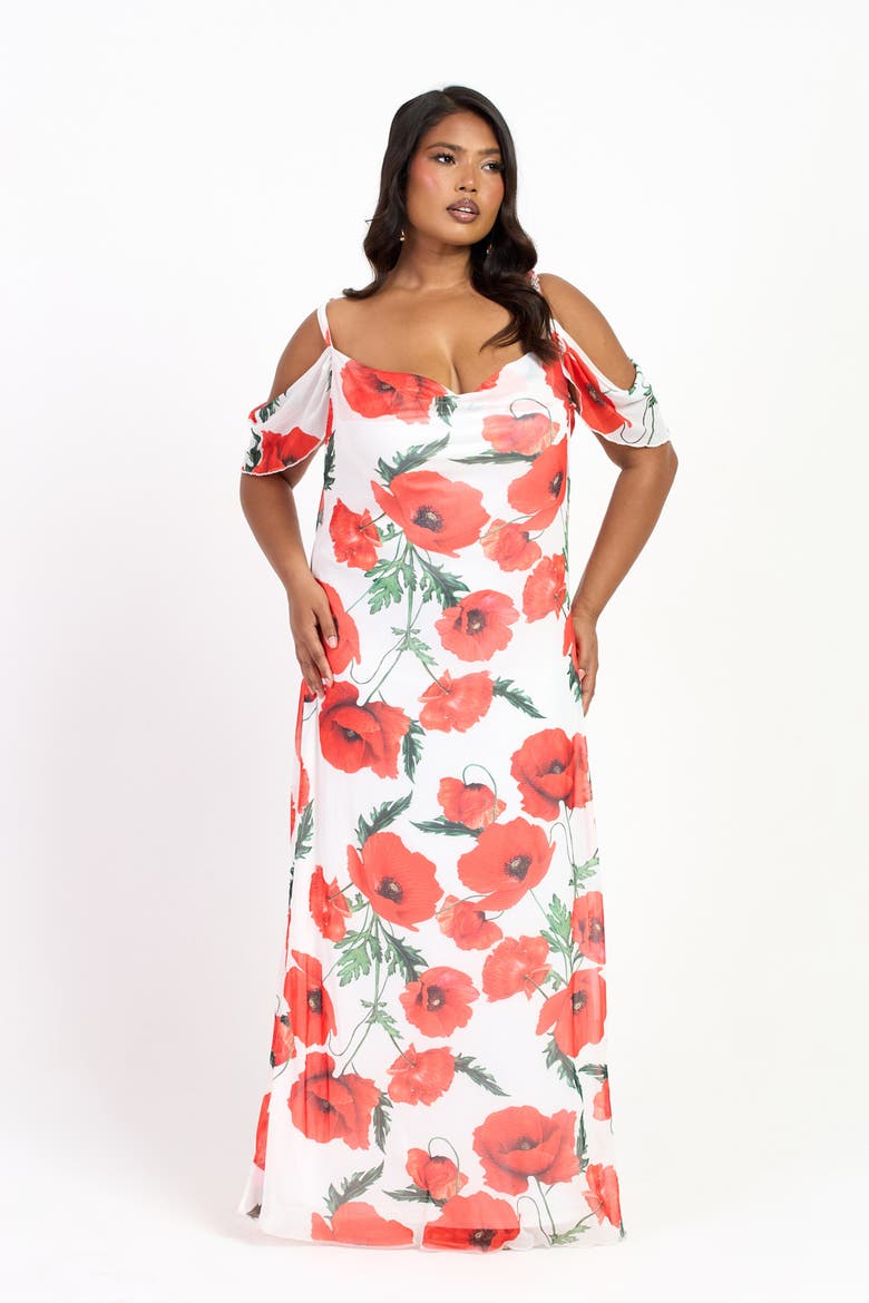 Cold Shoulder Poppy Print Strappy Dress, Alternate, color, White