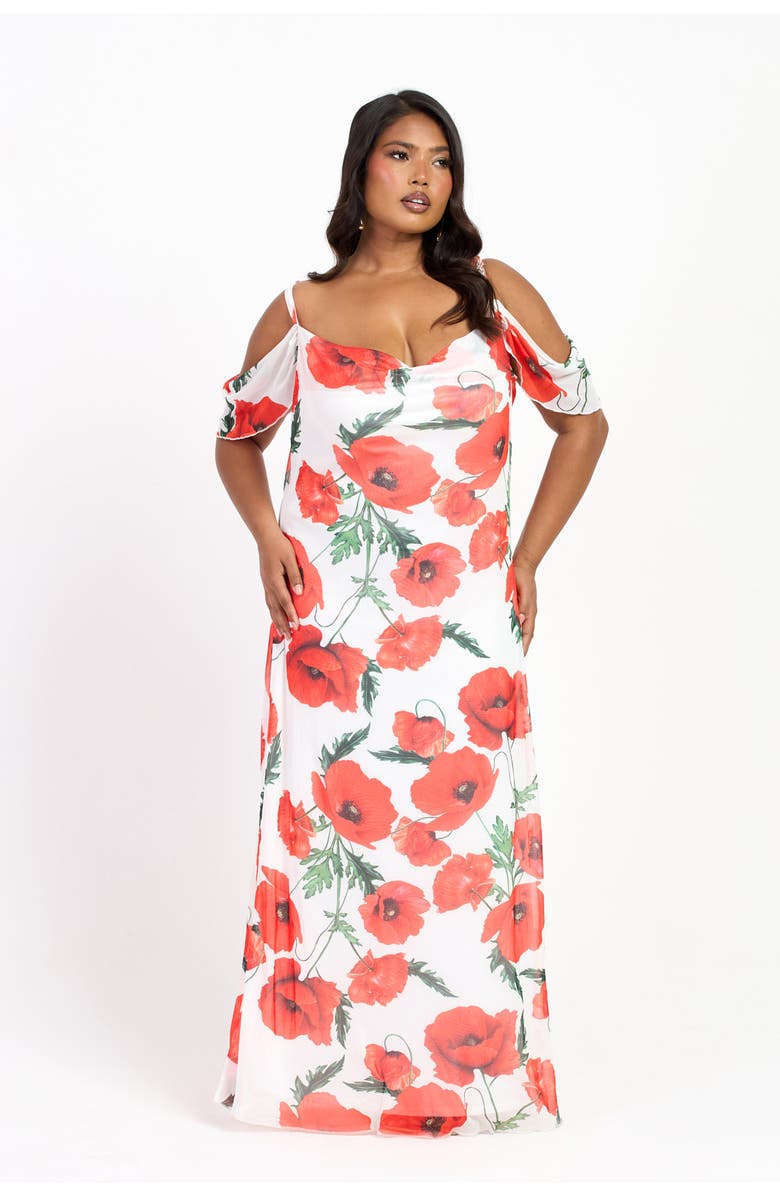 FASHION-SZN CURVE Cold Shoulder Poppy Print Strappy Dress, Alternate, color, White