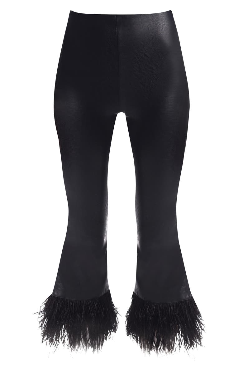 Crop High Waist Feather Trim Faux Leather Leggings, Alternate, color, BLACK