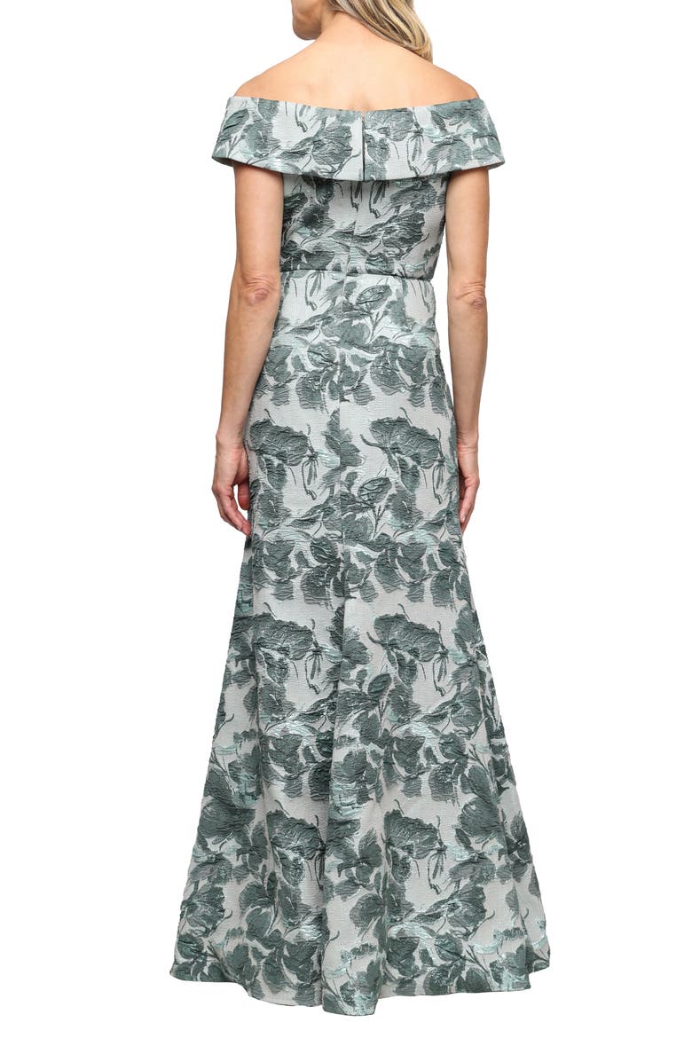Metallic Off the Shoulder Jacquard Mermaid Gown, Alternate, color, SAGE