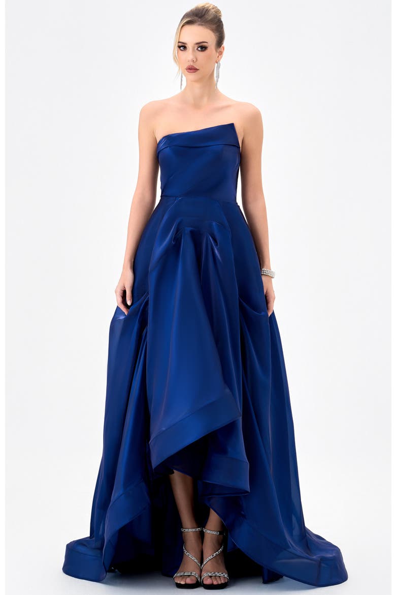 Faiy Asymertric Hi Low Gown, Main, color, NAVY