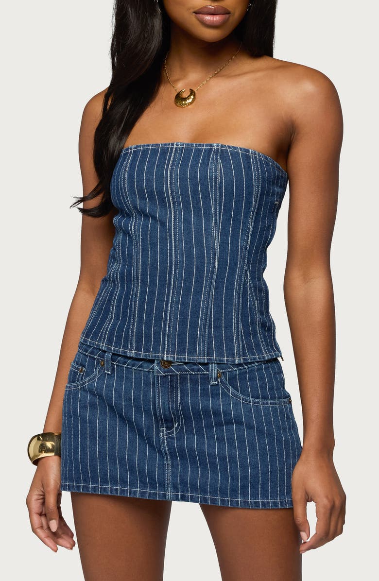 EDIKTED Camelia Strapless Denim Corset Top, Main, color, 