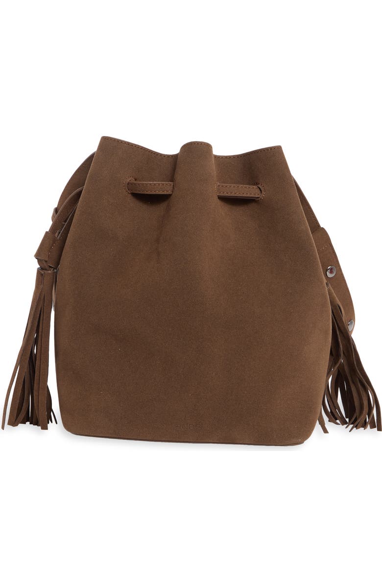 BCBG Tassel Water Repellent Bucket Bag, Main, color, Chocolate