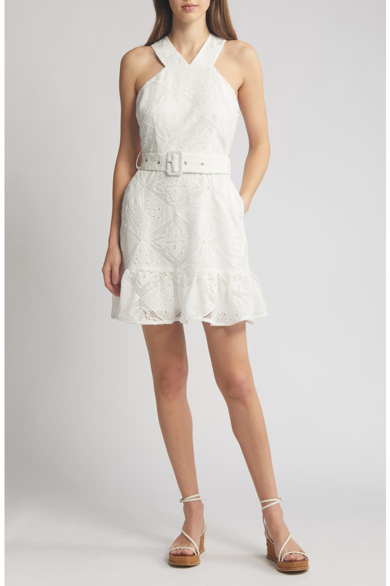Braylee Lace Eyelet Belted Sleeveless Minidress, Main, color, WHITE