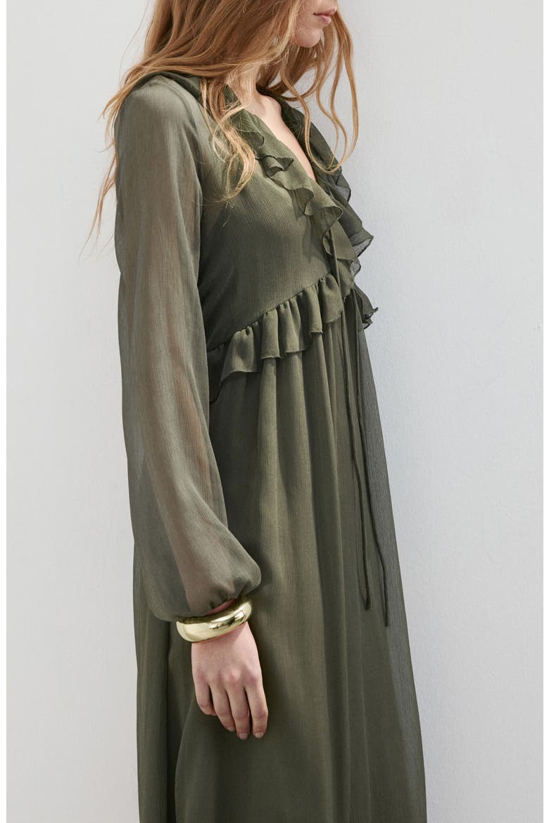 Ruffle Trim Long Sleeve Maxi Dress, Alternate, color, KHAKI GREEN