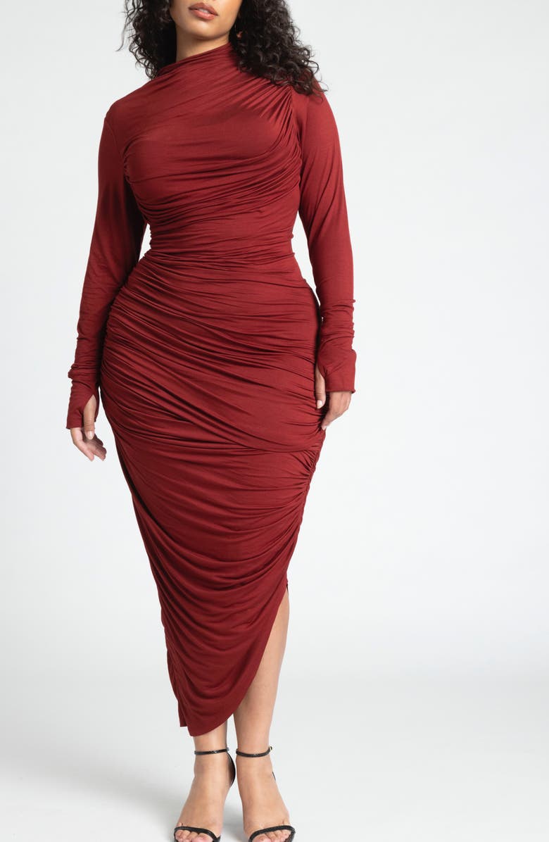 ELOQUII Ruched Long Sleeve Body-Con Midi Dress, Main, color,