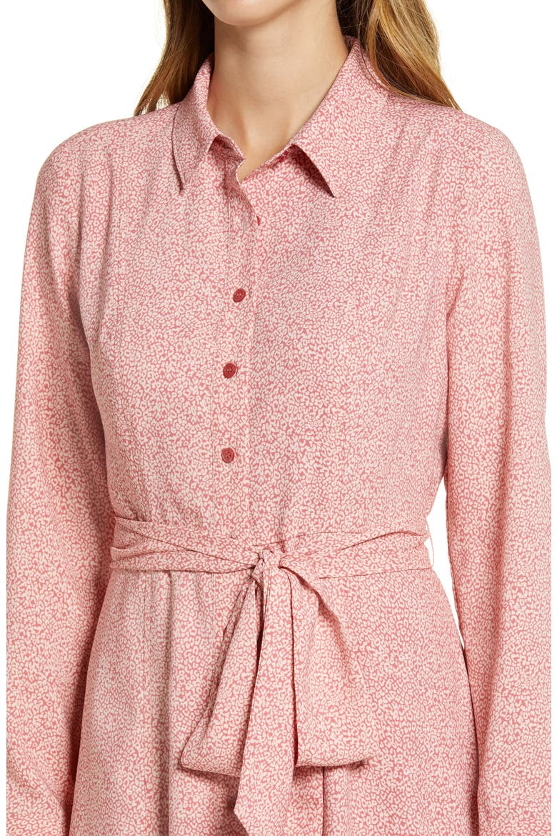 Tie Waist Long Sleeve Shirtdress, Alternate, color, PINK CHEETAH