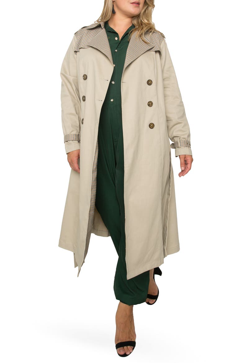 Plaid Detail Stretch Cotton Trench Coat, Alternate, color, CURRY