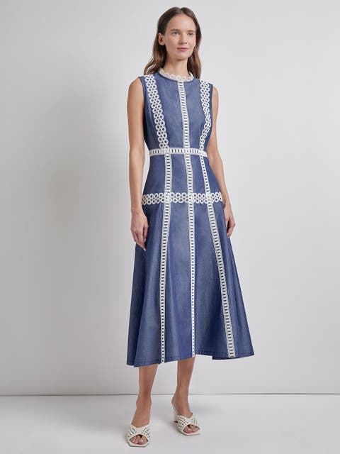 Fit & Flare Cotton Eyelet Trim Maxi Dress