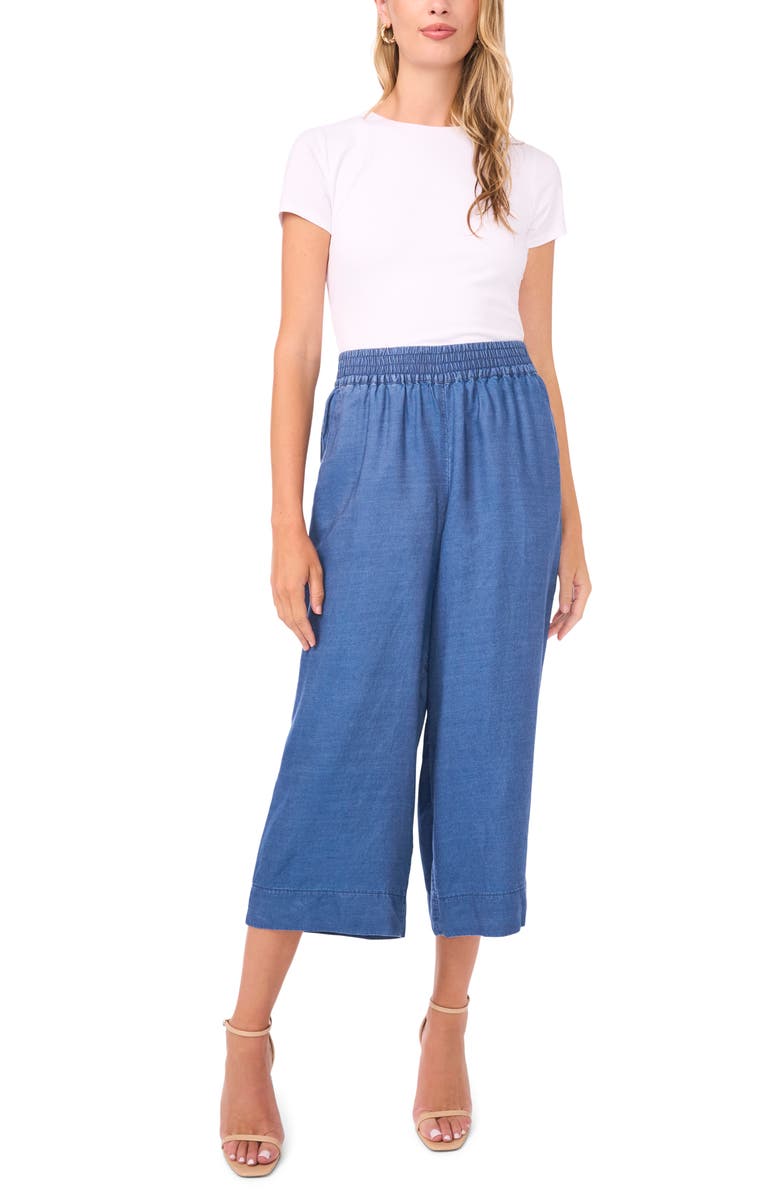 Vince Camuto Smocked Waist Crop Wide Leg Pants, Alternate, color, Chambray Blue
