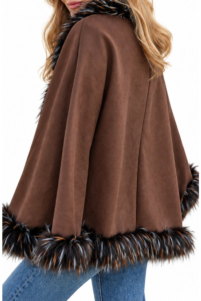 Faux Fur Trim Faux Suede Cape, Alternate, color, DARK BROWN