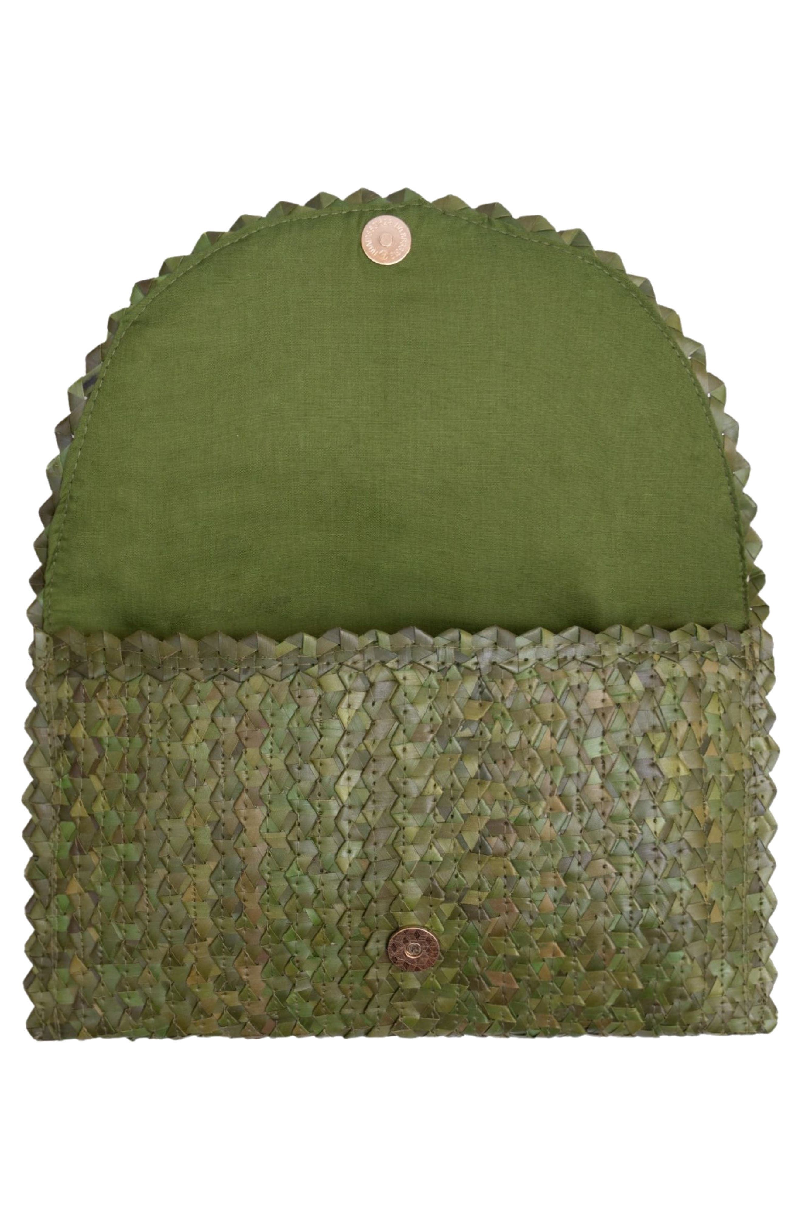 Jelavu Coco Seashell Trim Handwoven Raffia Clutch, Alternate, color, Moss Green