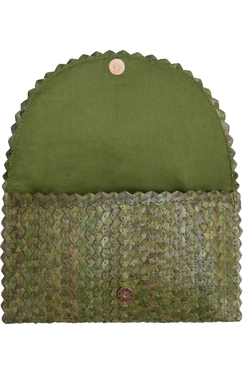 Jelavu Coco Seashell Trim Handwoven Raffia Clutch, Alternate, color, Moss Green