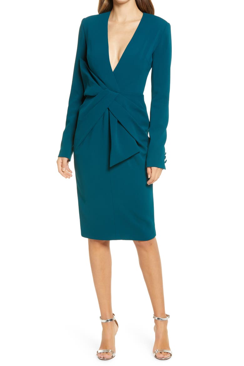 Asymmetrical Bow Waist Long Sleeve Dress, Main, color, TEAL