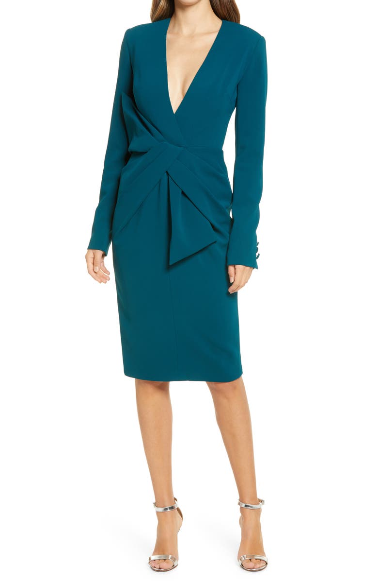 Badgley Mischka Collection Asymmetrical Bow Waist Long Sleeve Dress, Main, color, 