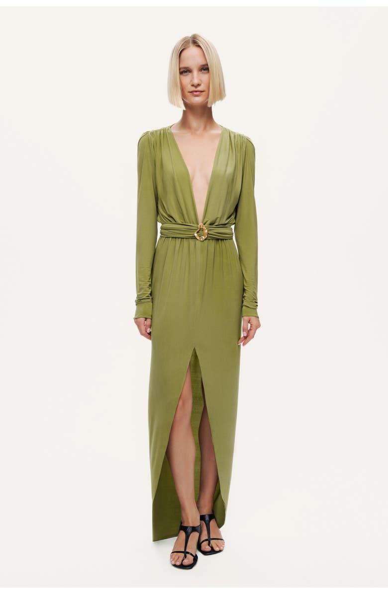 Nocturne Deep Plunge Belted Jersey Maxi Dress, Alternate, color, Olive Green