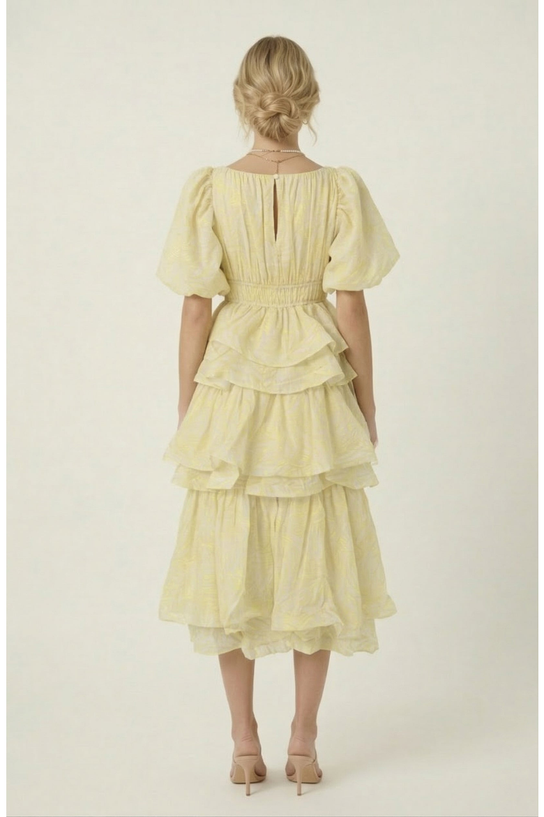 Puff Sleeve Tiered Ruffle Midi Dress, Alternate, color, Pale Yellow