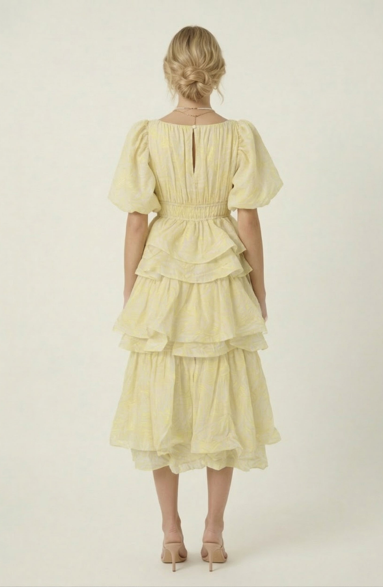 Modenaire Puff Sleeve Tiered Ruffle Midi Dress, Alternate, color, Pale Yellow