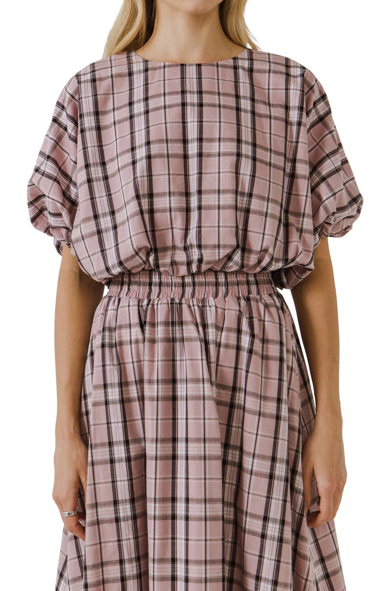 English Factory Plaid Puff Sleeve Crop Top, Alternate, color, Pink Multi