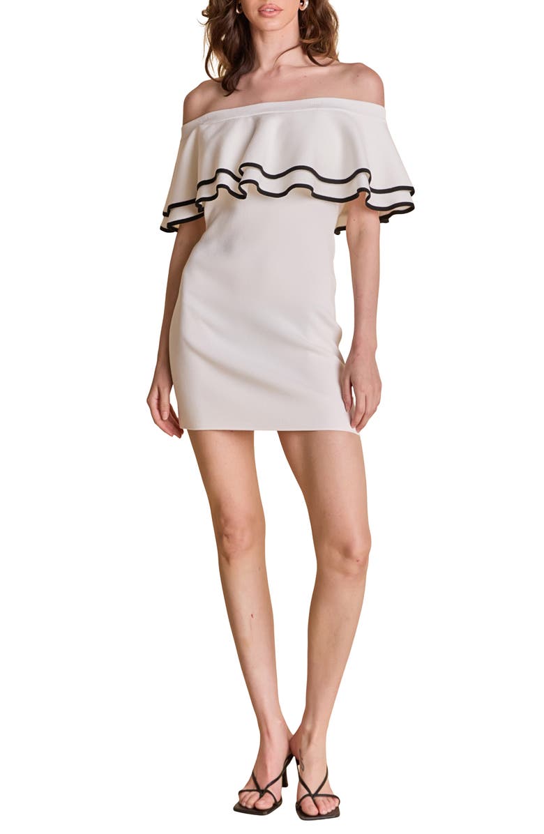 Endless Rose Contrast Detail Ruffle Off the Shoulder Minidress, Main, color, Ivory/Black