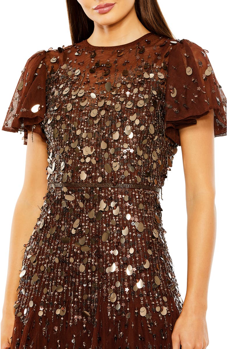 Mac Duggal Flutter Sleeve Sheer Top Beaded Dress, Alternate, color, Espresso