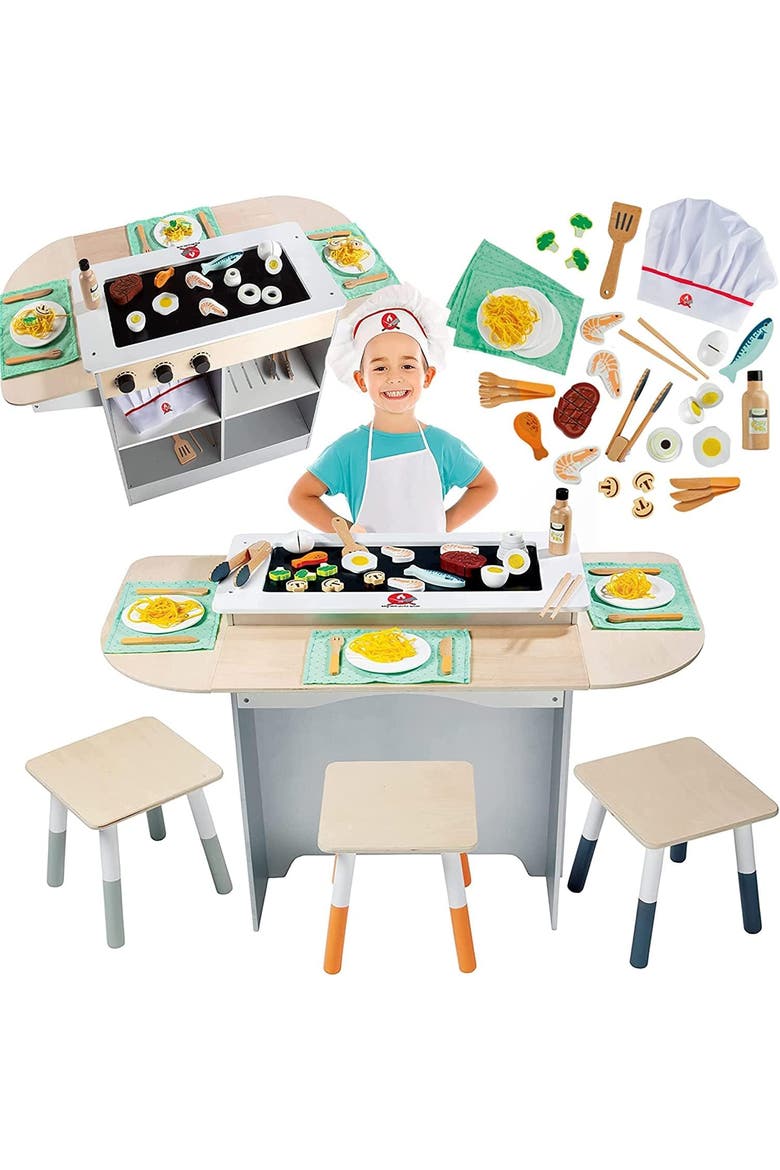 Hibachi Grill Wooden Kids Playset w Stools, Table Settings & Over 25 Toy Food Pieces, Main, color, Beige