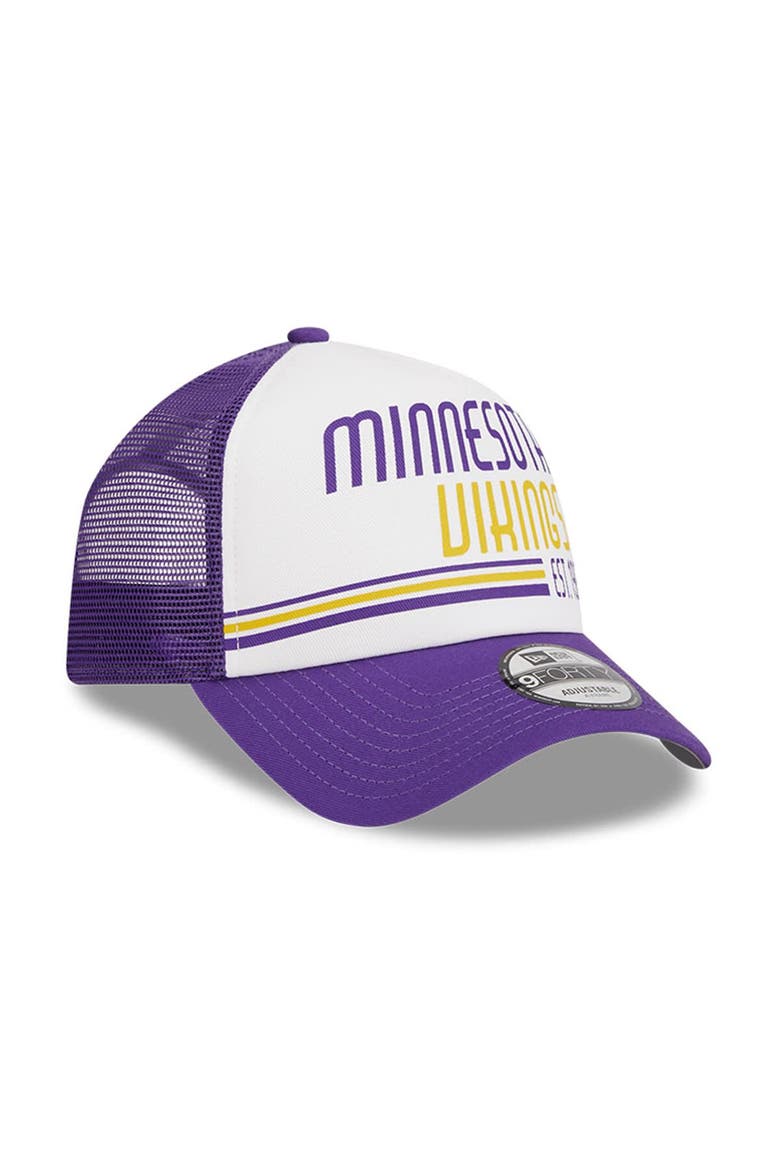 Men's New Era White/Purple Minnesota Vikings Stacked A-Frame Trucker 9FORTY Adjustable Hat, Alternate, color, White