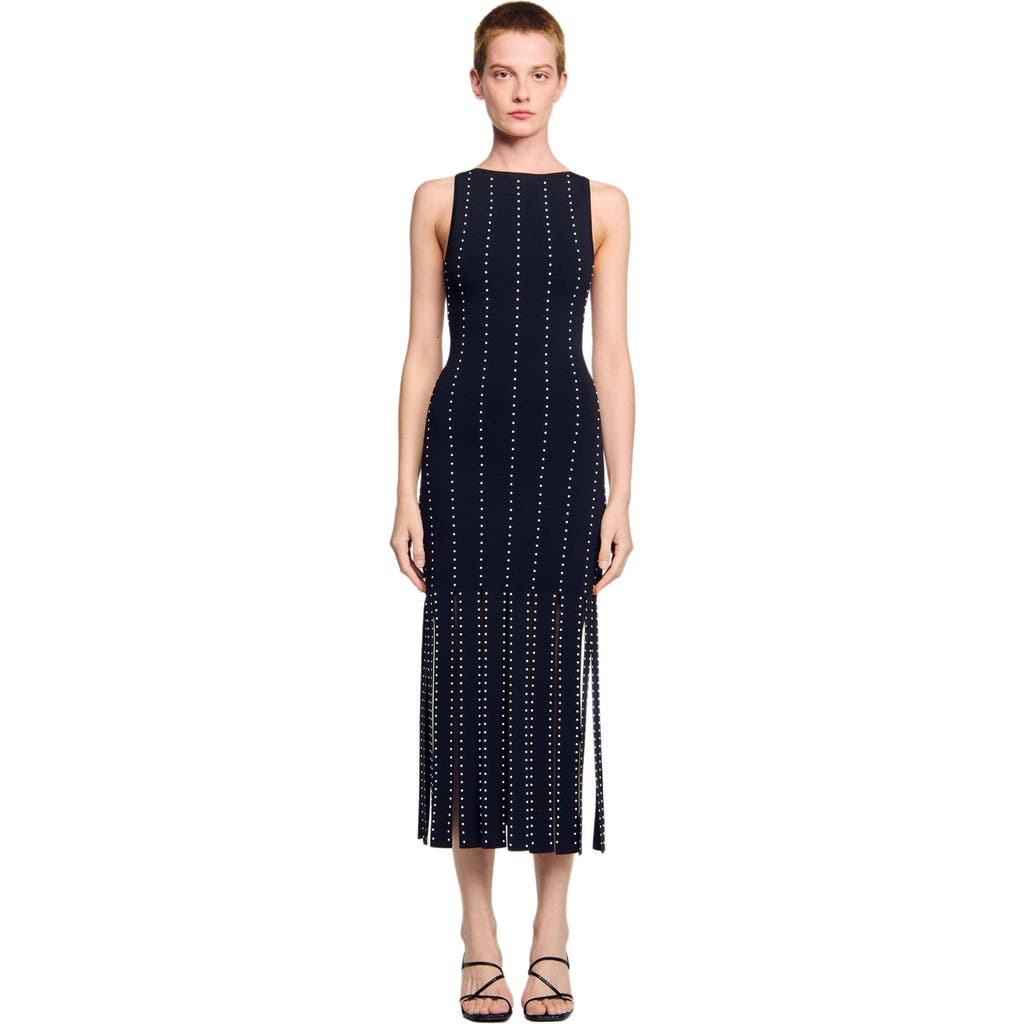 Sandro Fringed Knit Maxi Dress In Black