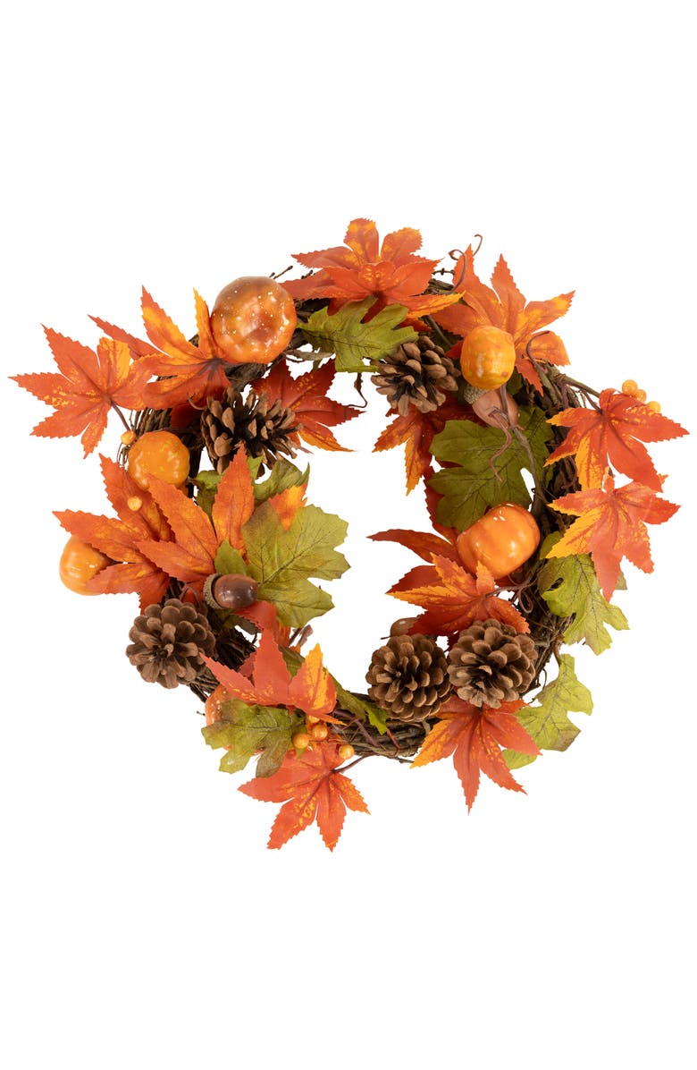 Northlight Maple Leaves with Pine Cones and Pumpkins Fall Harvest Artificial Wreath - 12", Main, color,