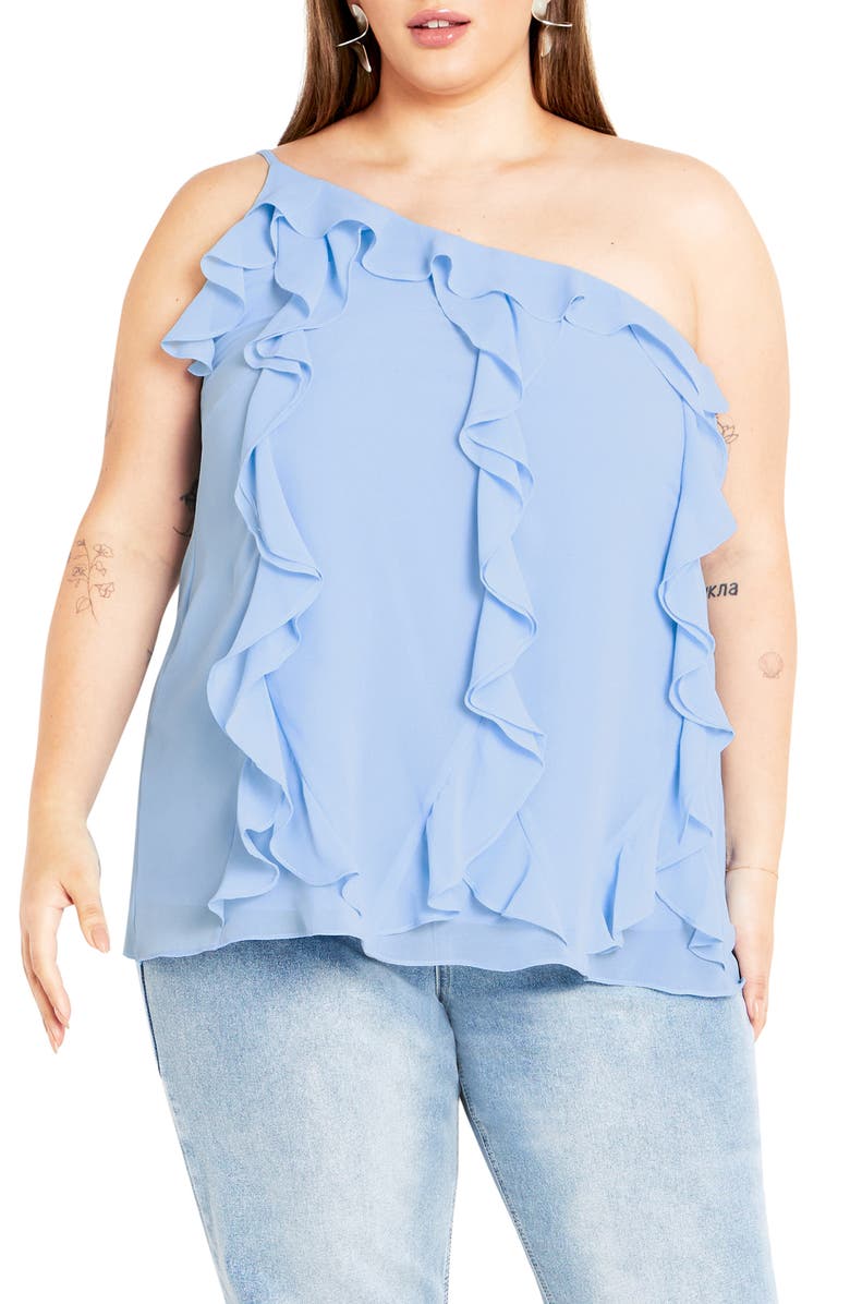 City Chic Rita Ruffle One Shoulder Top, Main, color, Baby Blue