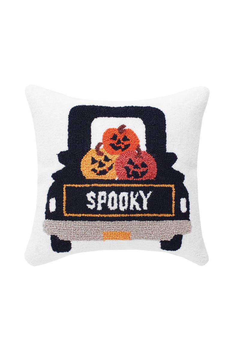 Pumpkin Truck Happy Halloween Hooked Throw Pillow, 3" x 18", Main, color, White