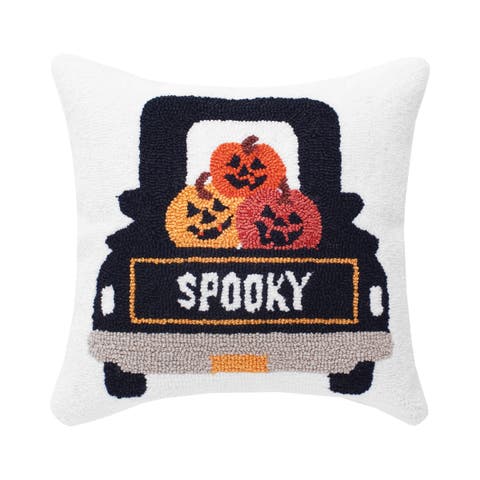 Pumpkin Truck Happy Halloween Hooked Throw Pillow, 3" x 18"