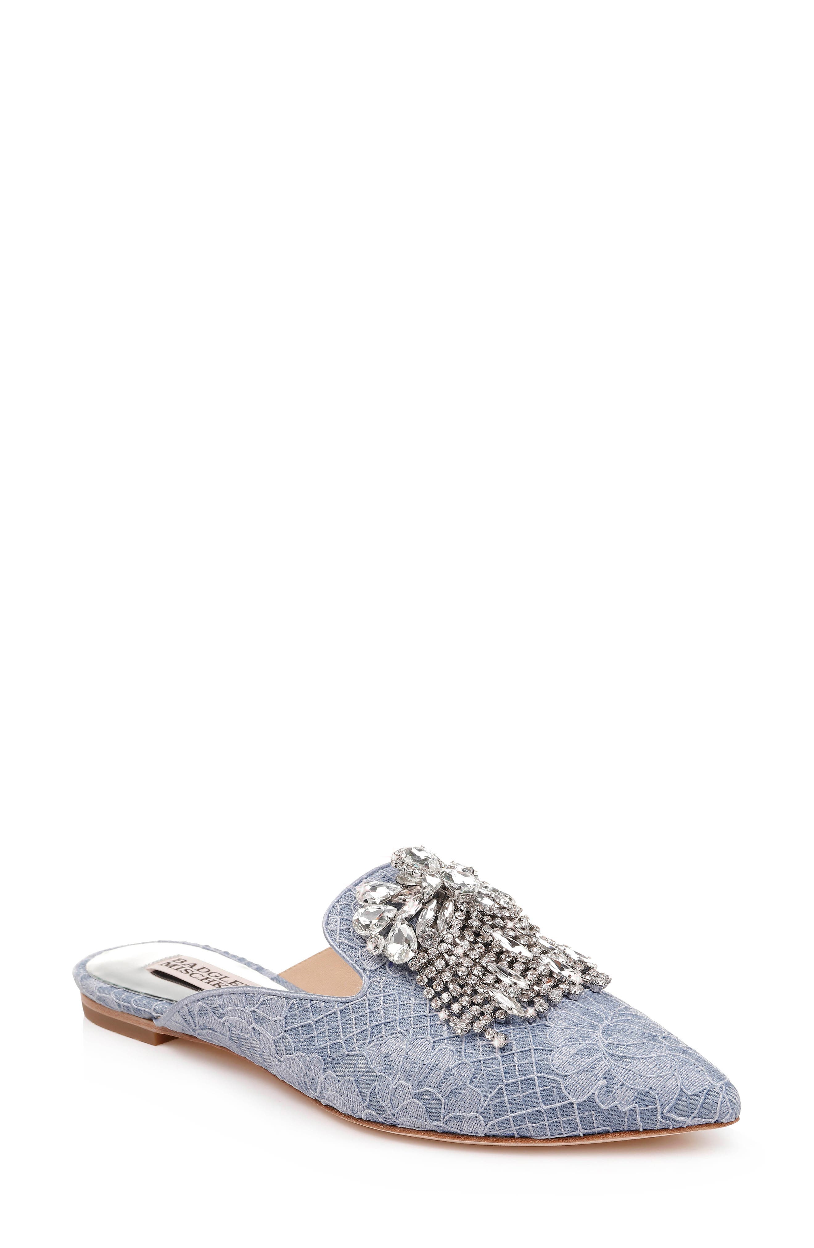 Badgley Mischka Farley Embellished Mule, Main, color, DENIM BLUE LACE FABRIC