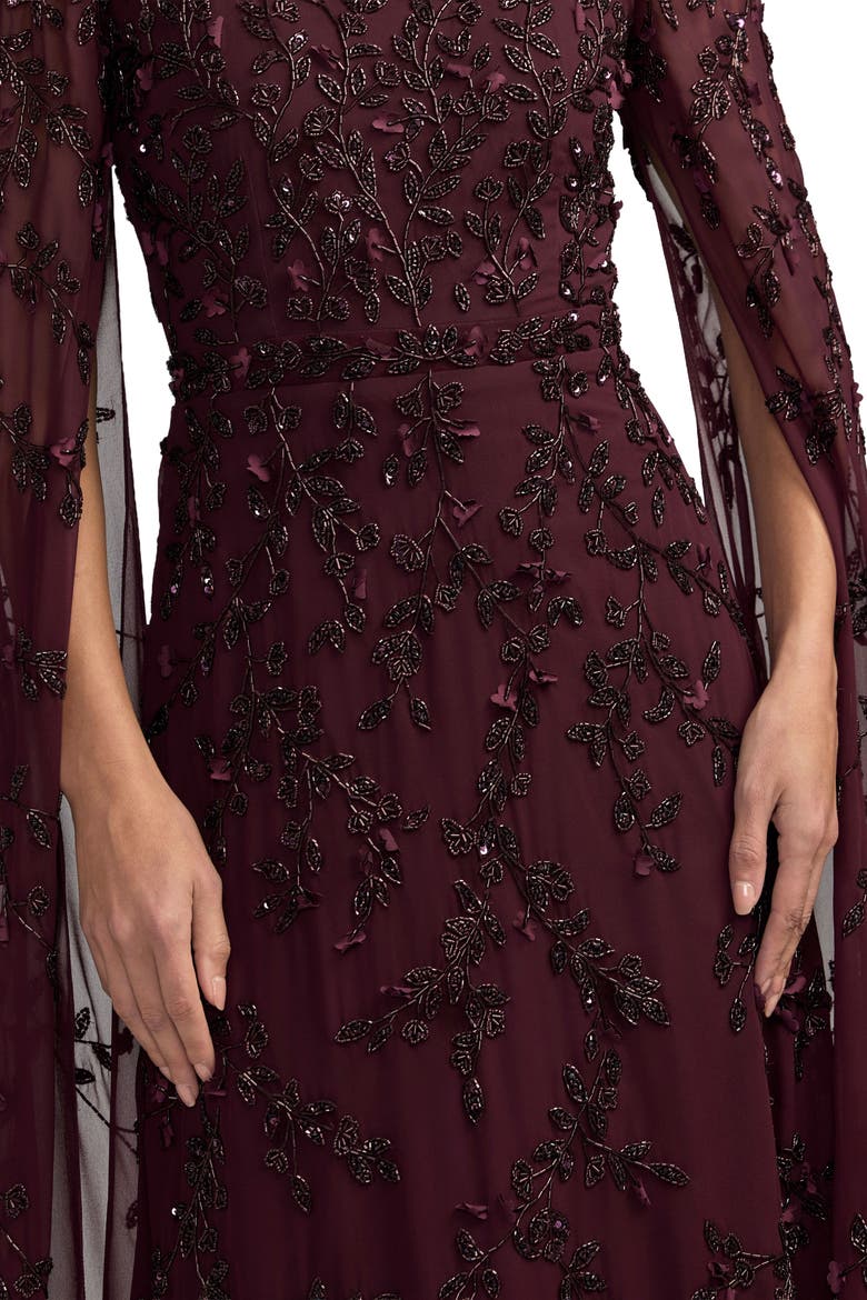 Petite Embellished Cape Sleeve A-Line Mesh Maxi Gown, Alternate, color, Aubergine