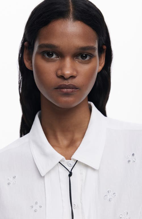 Desigual Eyelet Cotton Blend Button-up Shirt In White