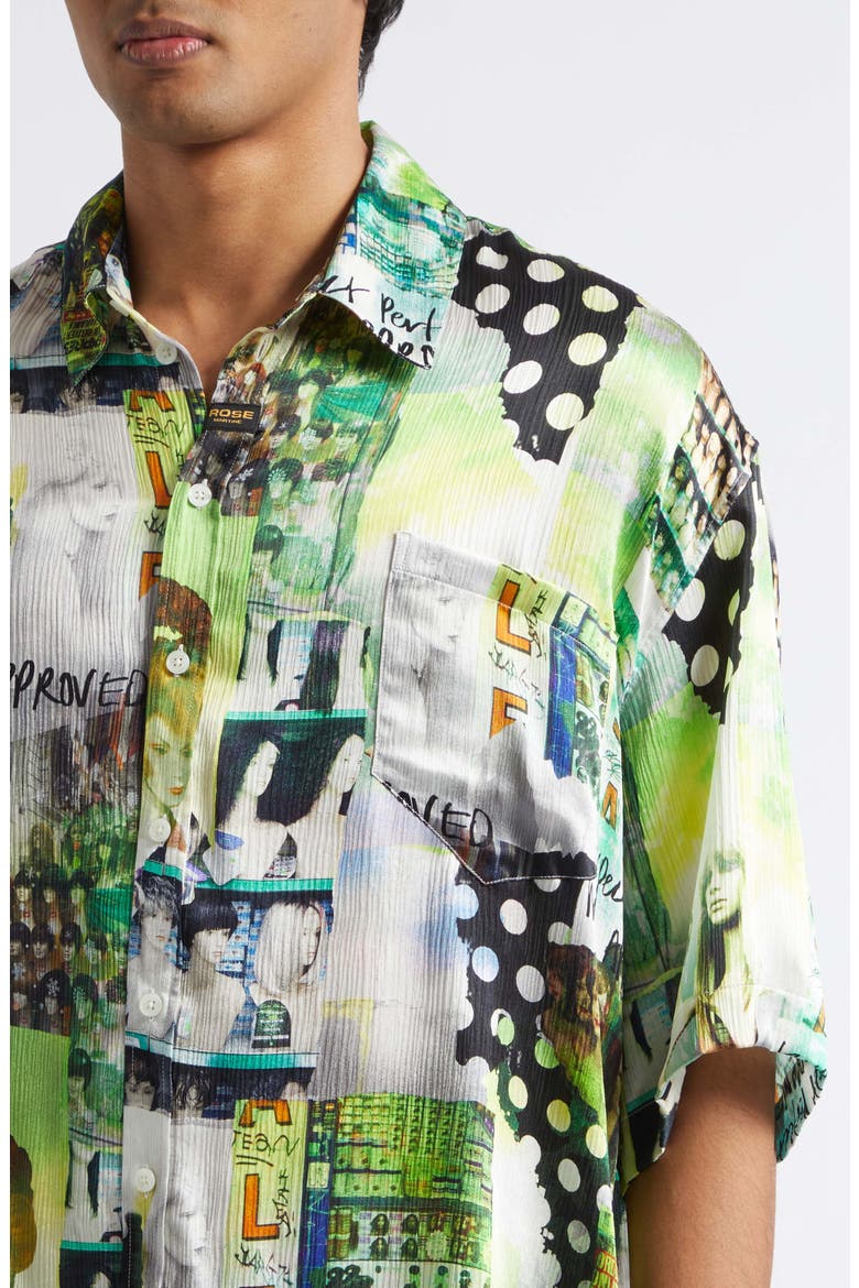 Patchwork Print Boxy Silk Button-Up Shirt, Alternate, color, GREEN WIGZ