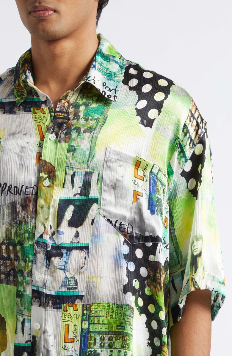 Martine Rose Patchwork Print Boxy Silk Button-Up Shirt, Alternate, color, Green Wigz