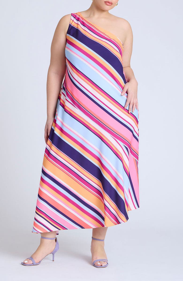 ELOQUII Stripe One Shoulder Asymmetric Stretch Crepe Dress, Main, color, 