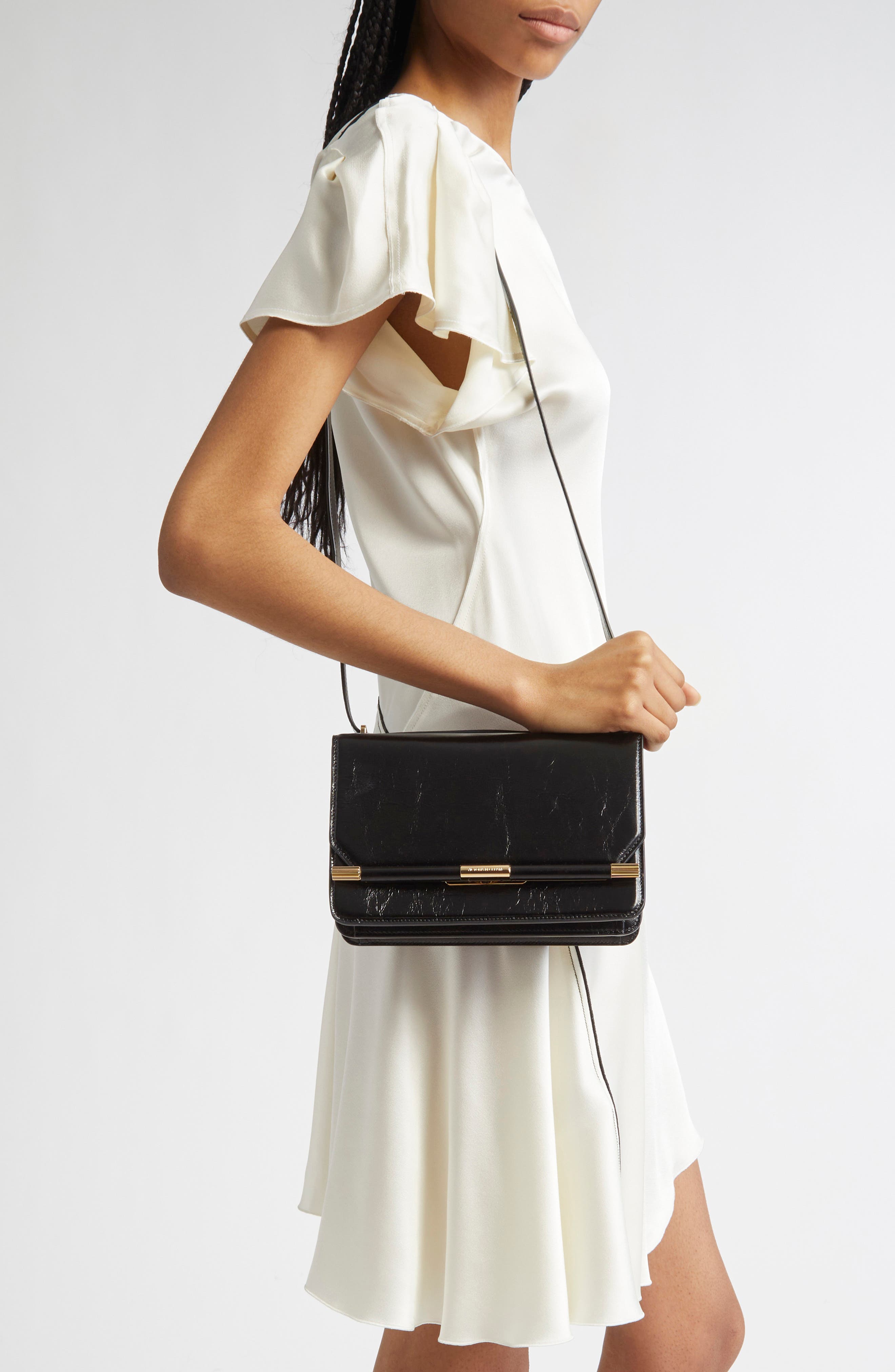 Victoria Beckham 202 Distressed Leather Shoulder Bag, Alternate, color, Black