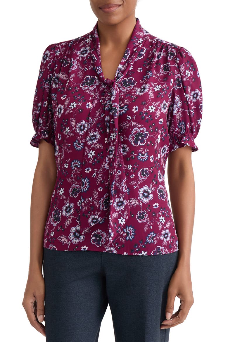 Tie Neck Puffed Sleeve Top, Main, color, RED BERRY MULTI